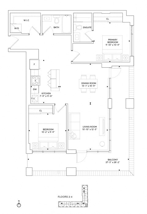 Floor plan for 2 beds, 2 baths, 1006 sqft